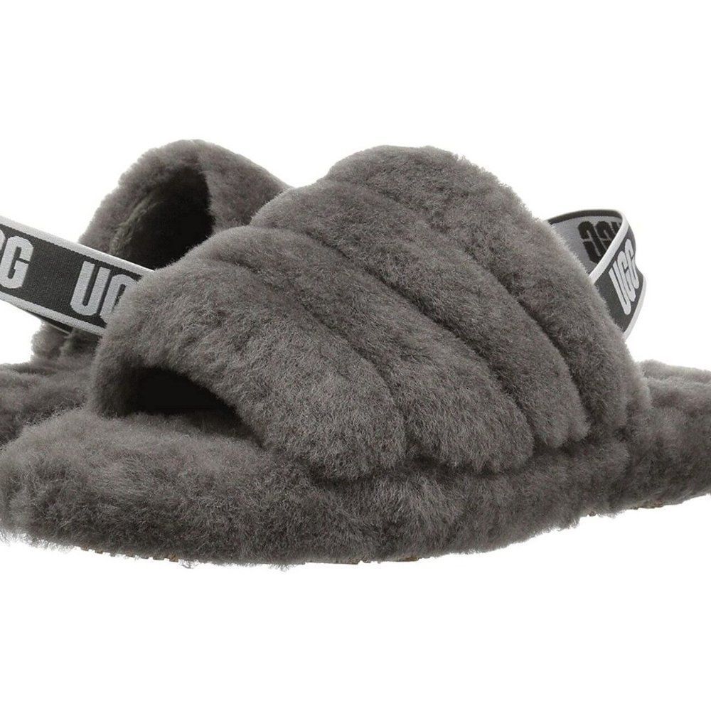 UGG Fluff Yeah Slide 1098494K Kid's Charcoal Sheepskin Slingback Sandal UGG477